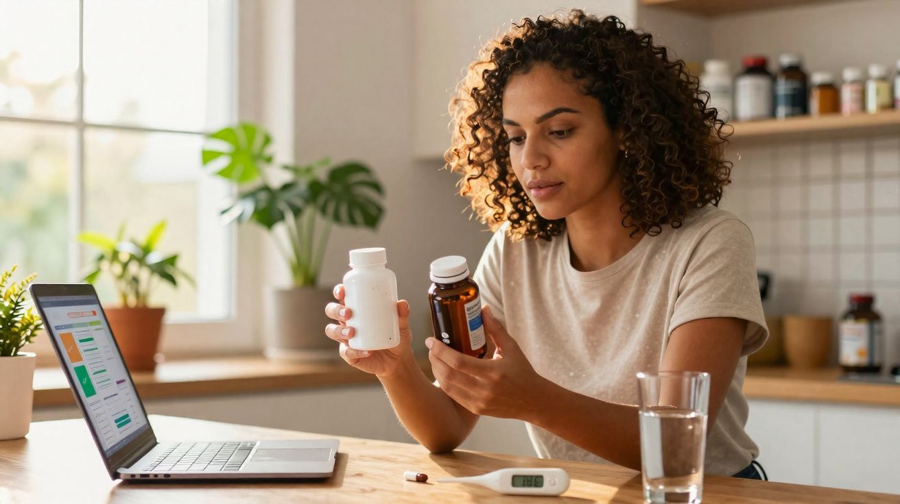 Mulher analisando dois frascos de remédios sentada à mesa com laptop, copo d'água e termômetro.