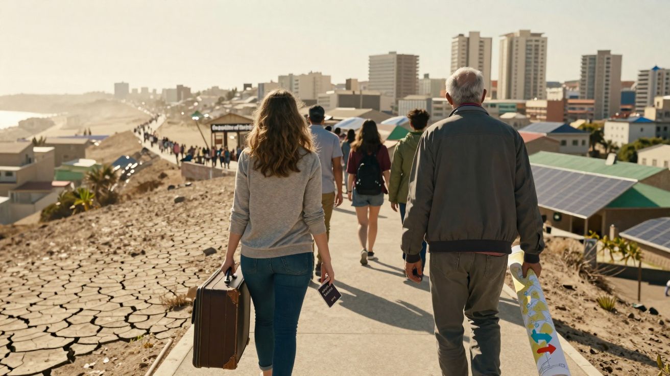 Pessoas caminhando em uma calçada urbana próxima a um terreno seco e prédios altos ao fundo.