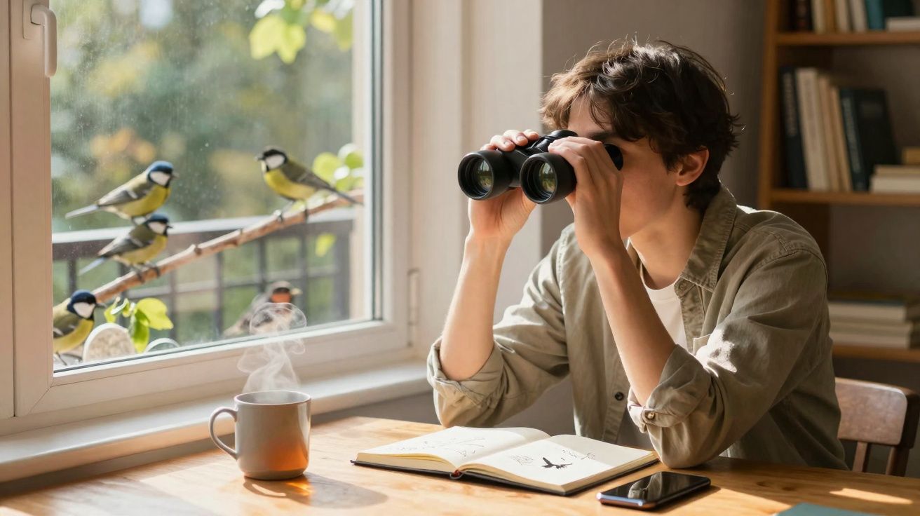 Pessoa usando binóculos para observar pássaros pela janela, com livro e café na mesa à luz natural.