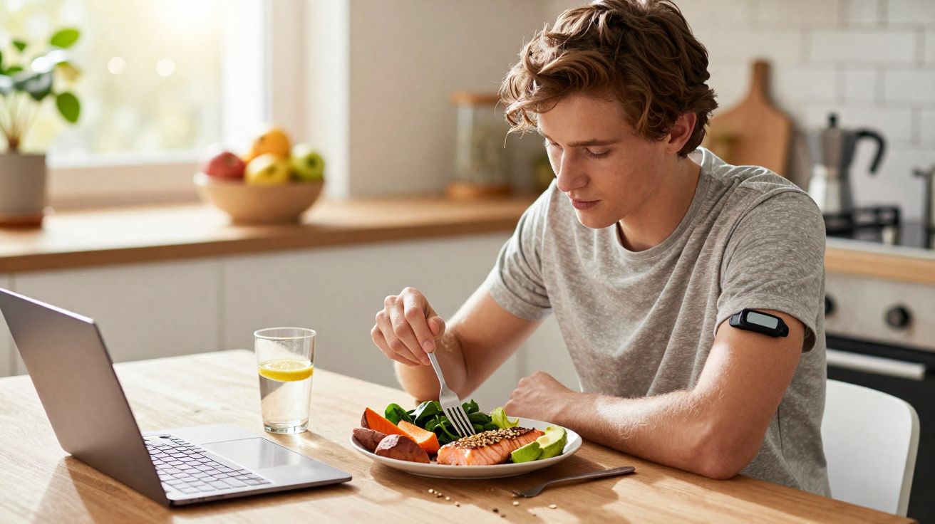 Jovem sentado à mesa, comendo salmão e vegetais, ao lado de laptop e copo de água com limão.