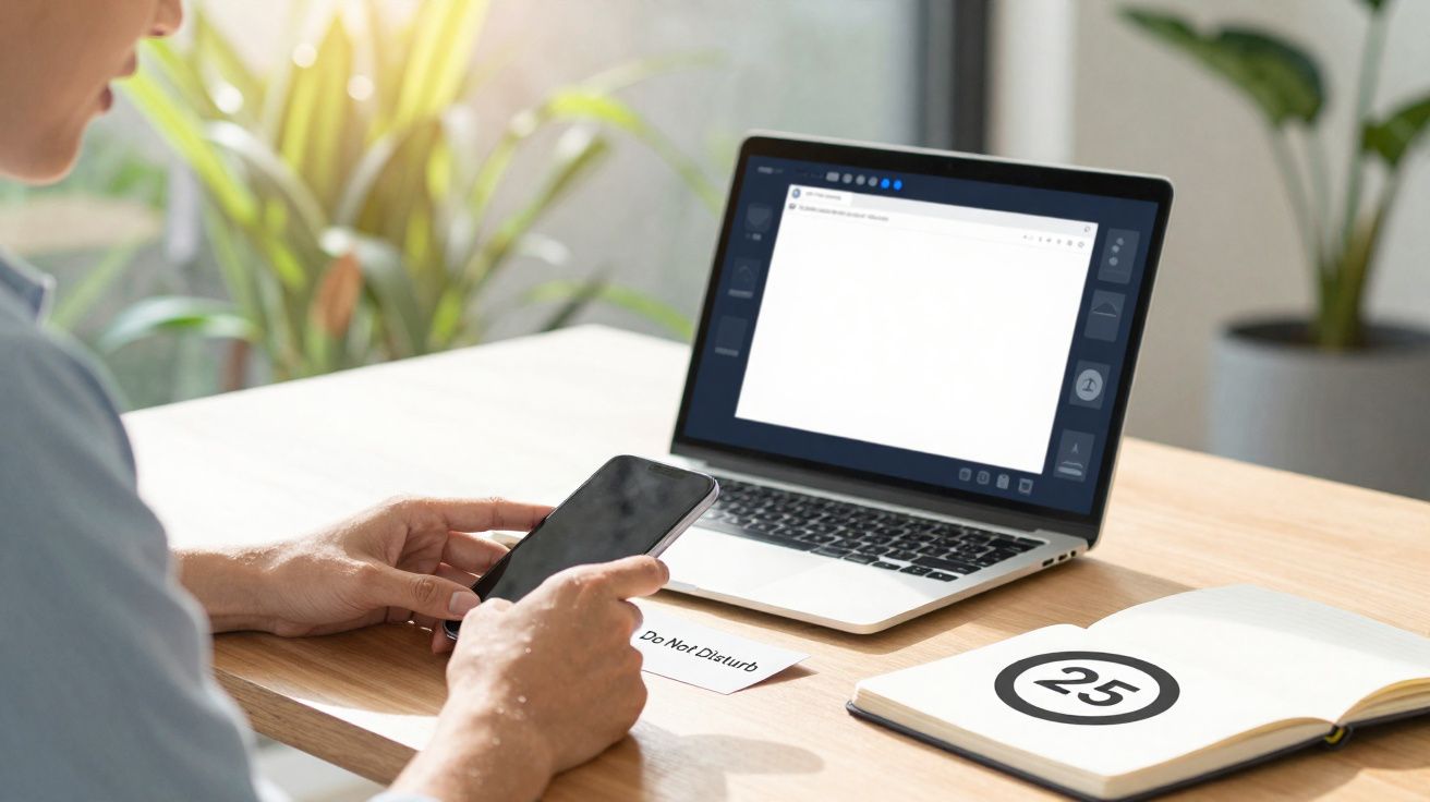 Pessoa segurando celular ao lado de laptop, caderno aberto e papel com aviso "Do Not Disturb".