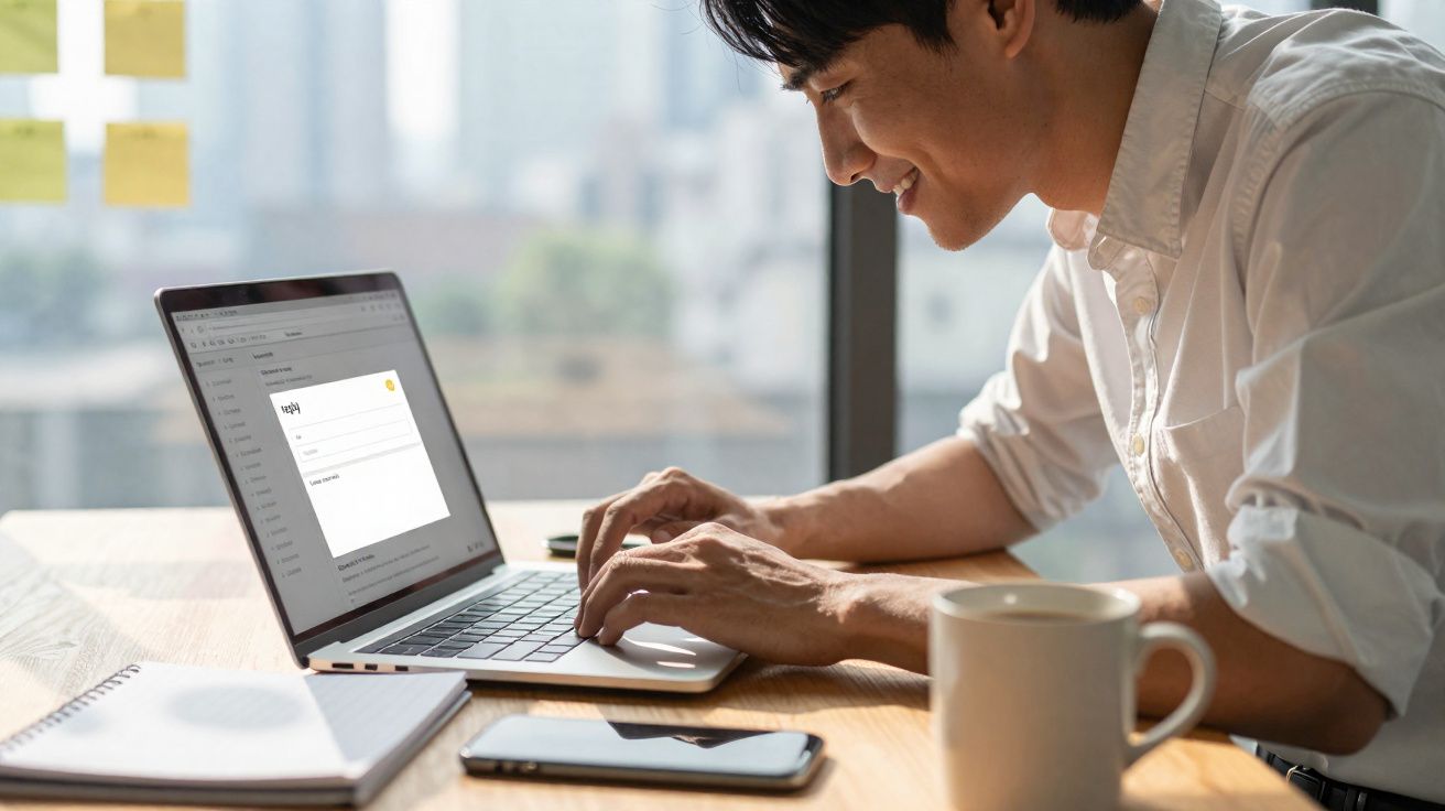 Homem sorridente digitando no laptop com café, celular e caderno sobre mesa perto da janela.