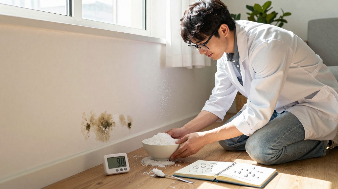 Homem com jaleco branco analisa mofo na parede, com recipiente de pó e livro aberto no chão ao lado.
