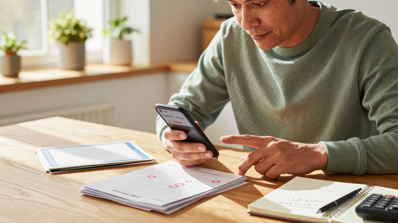 Homem usando celular enquanto verifica datas marcadas em calendário sobre mesa com cadernos e calculadora.