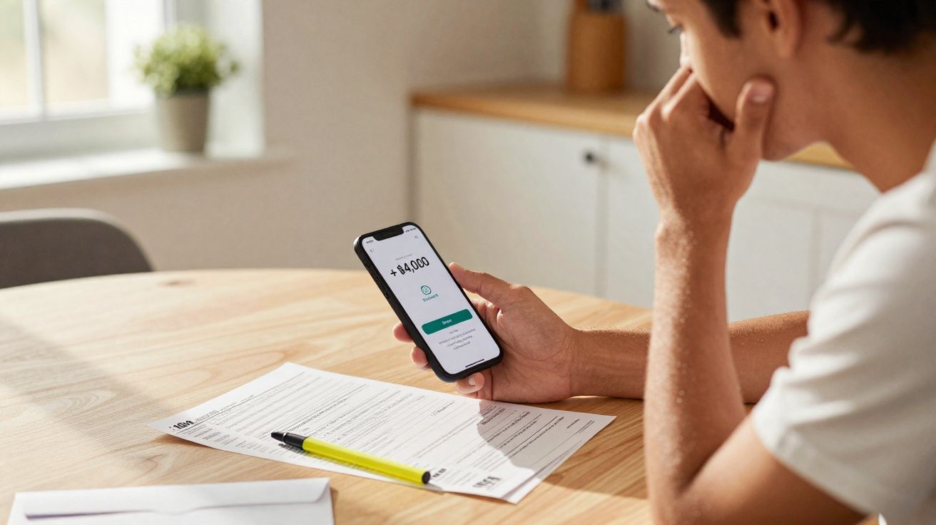 Homem sentado à mesa verifica saldo bancário de R$ 4.400 no celular com documentos e caneta à sua frente.