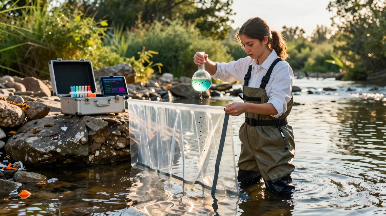 Cientista coleta amostra de água com equipamento em rio para análise ambiental durante o dia.