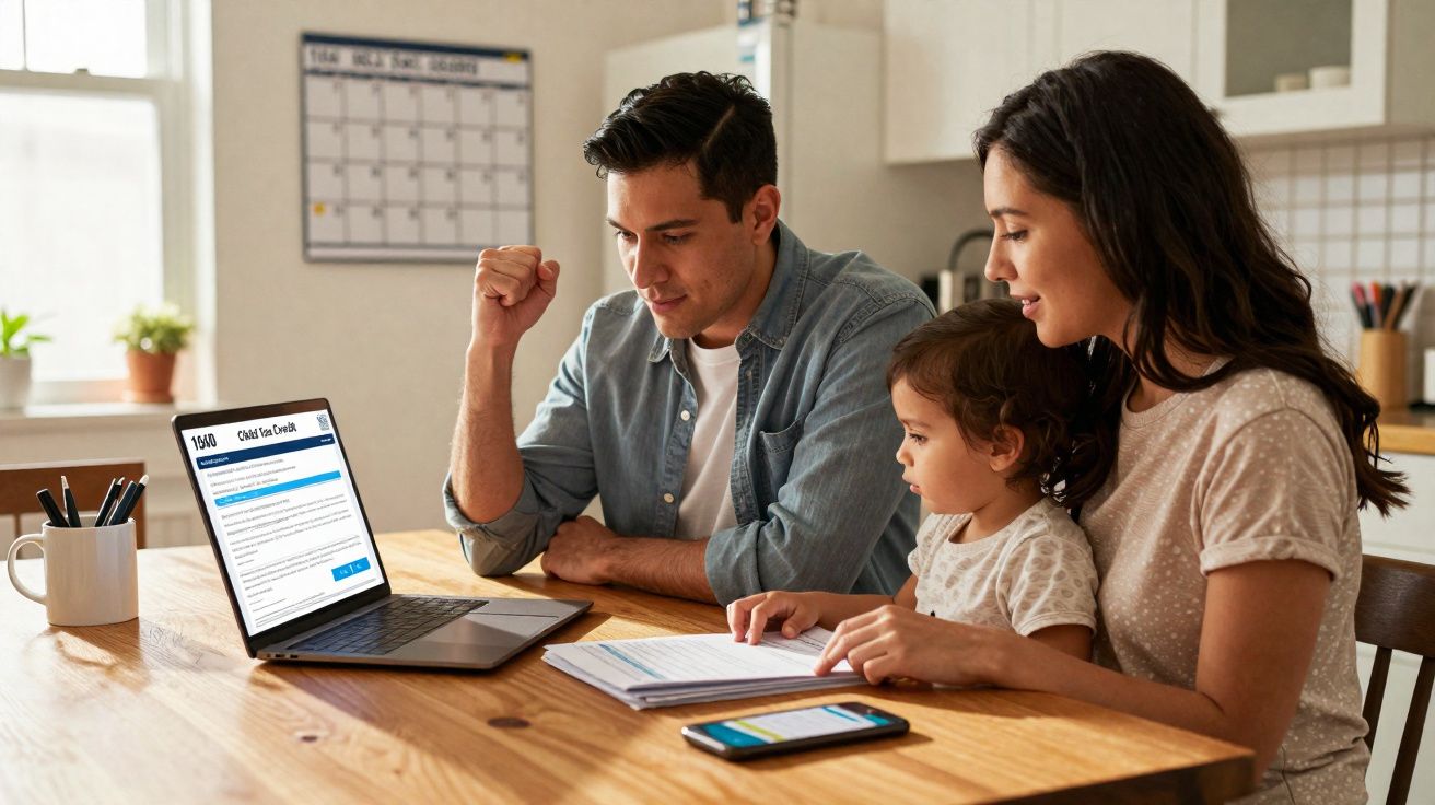 Família reunida na cozinha, pai comemora sucesso enquanto mãe e filho acompanham em laptop e caderno.