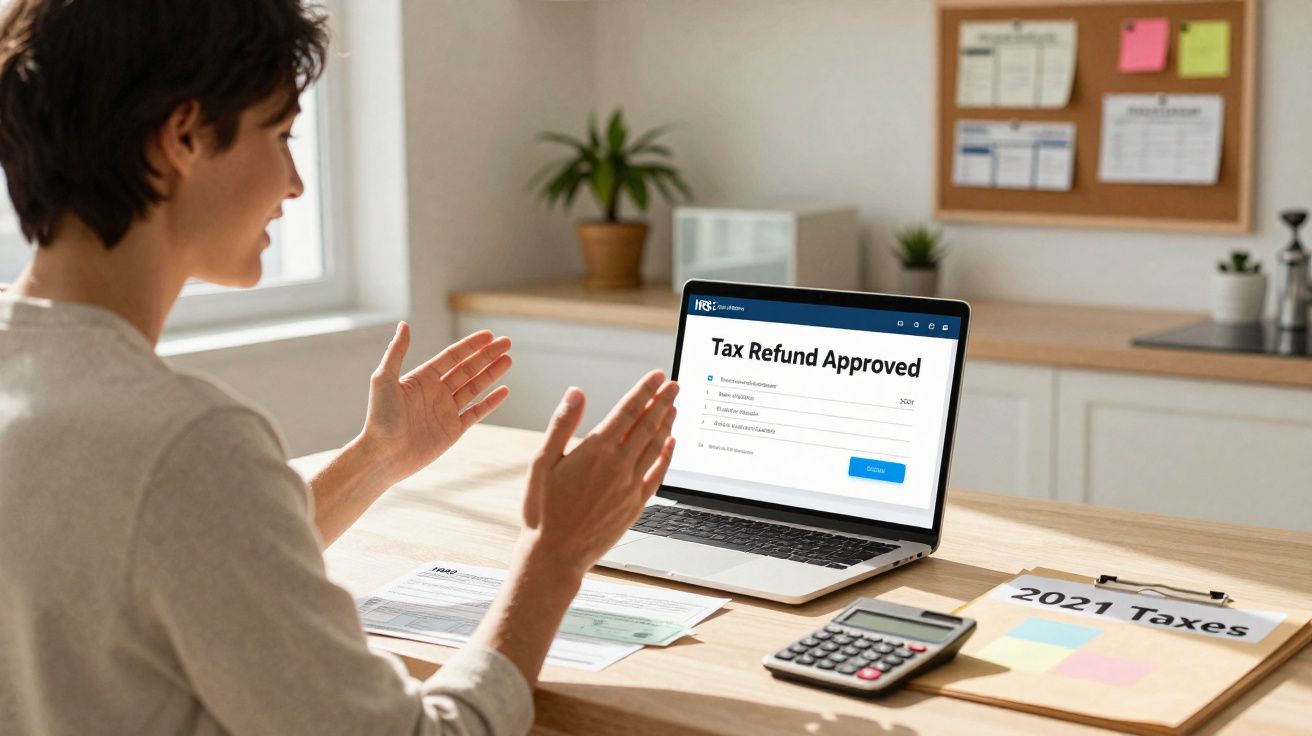 Pessoa comemorando aprovação de reembolso de imposto em laptop, com documentos e calculadora sobre a mesa.