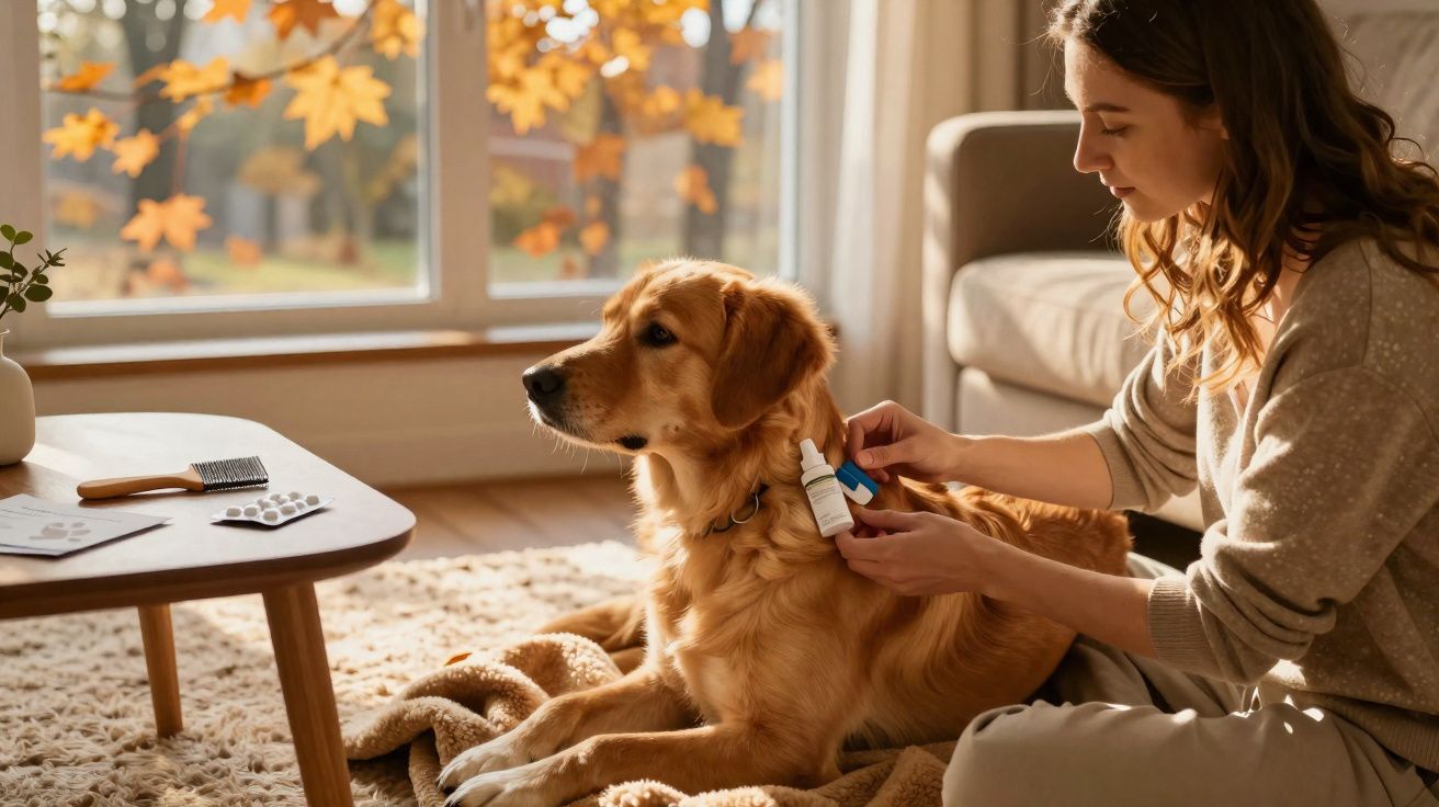 Mulher aplicando medicamento nas orelhas de um cachorro dourado no tapete da sala.