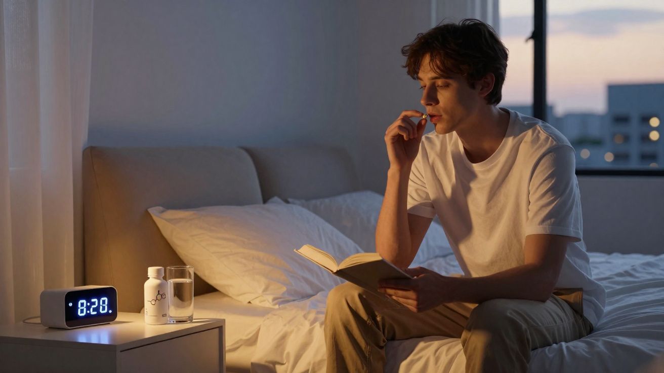 Homem sentado na cama lendo um livro e tomando remédio ao entardecer, com relógio digital marcando 8:28.