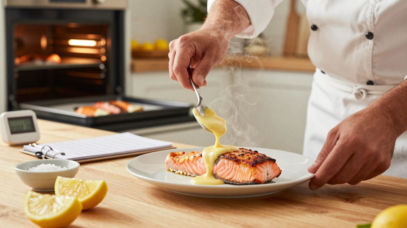 Chef colocando molho quente em filé de salmão grelhado em prato branco na cozinha.
