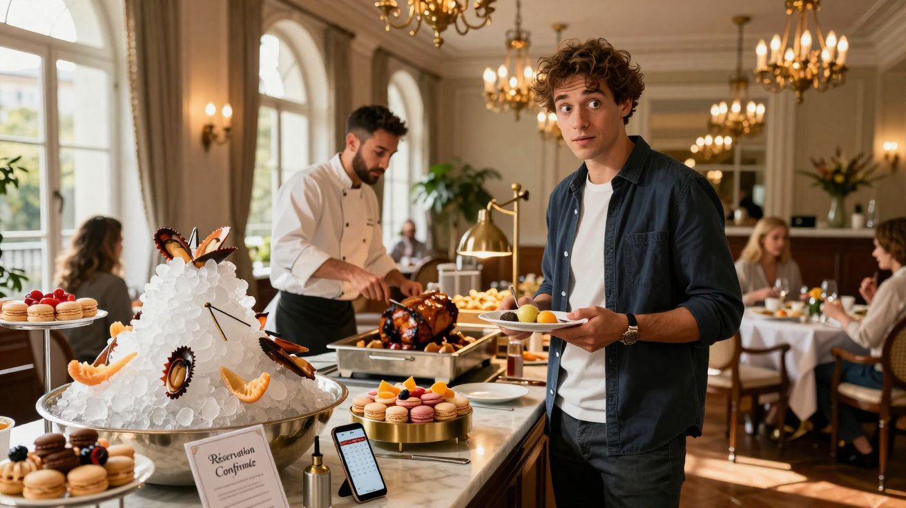 Jovem servindo sobremesas em buffet elegante com chef preparando comida ao fundo em restaurante iluminado.