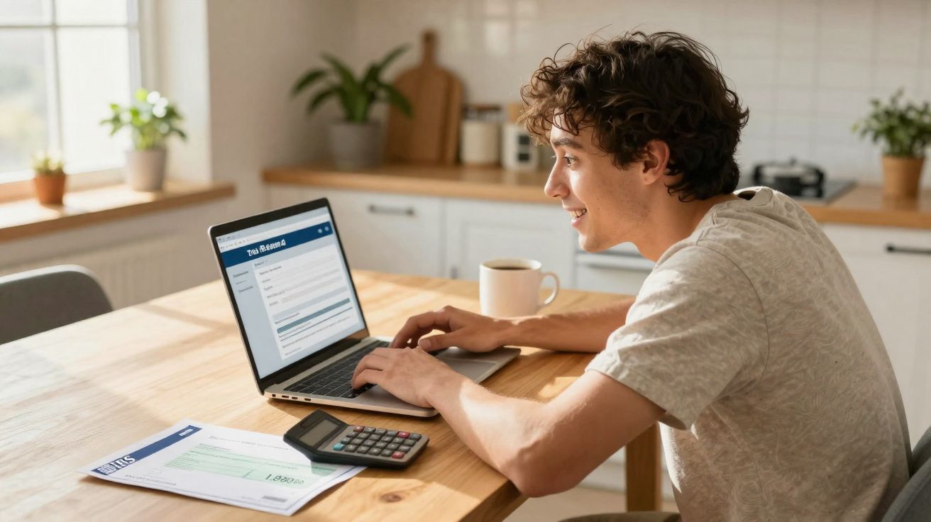 Jovem sorridente usa laptop para preencher currículo online em cozinha, com documentos e calculadora na mesa.