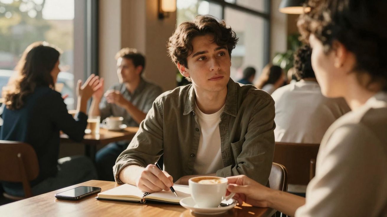 Jovem com caderno e caneta conversando com outra pessoa em cafeteria, com pessoas ao fundo.