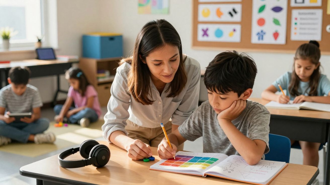 Professora auxiliando aluno a escrever em caderno em sala de aula com outras crianças ao fundo.