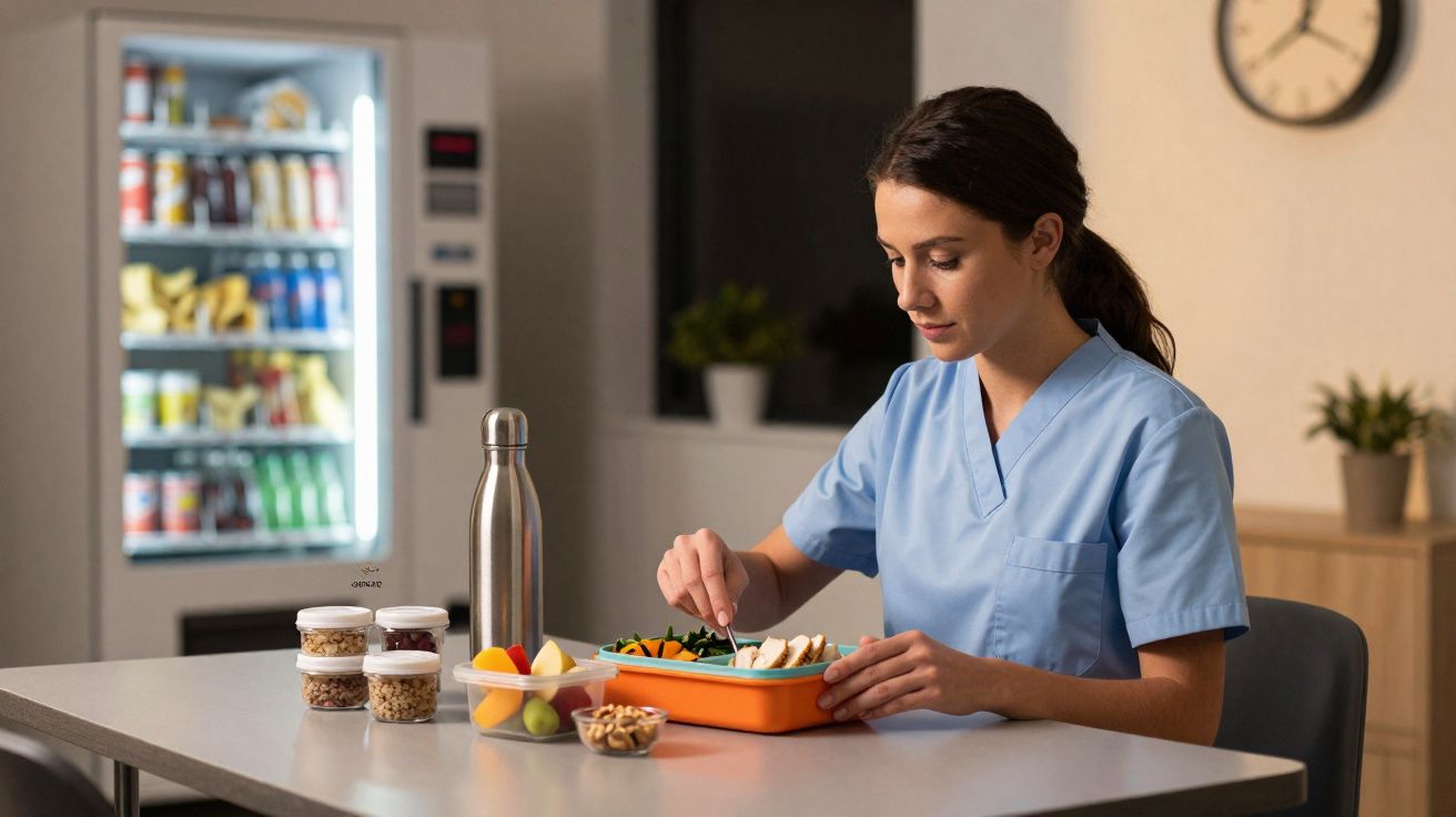 Mulher de jaleco azul comendo refeição saudável em marmita dentro de ambiente de trabalho.