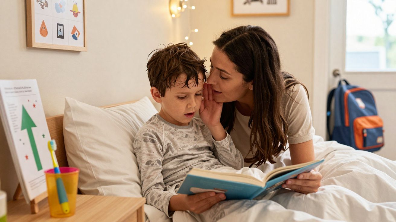 Mulher lendo livro para menino na cama em quarto iluminado com mochila ao fundo.