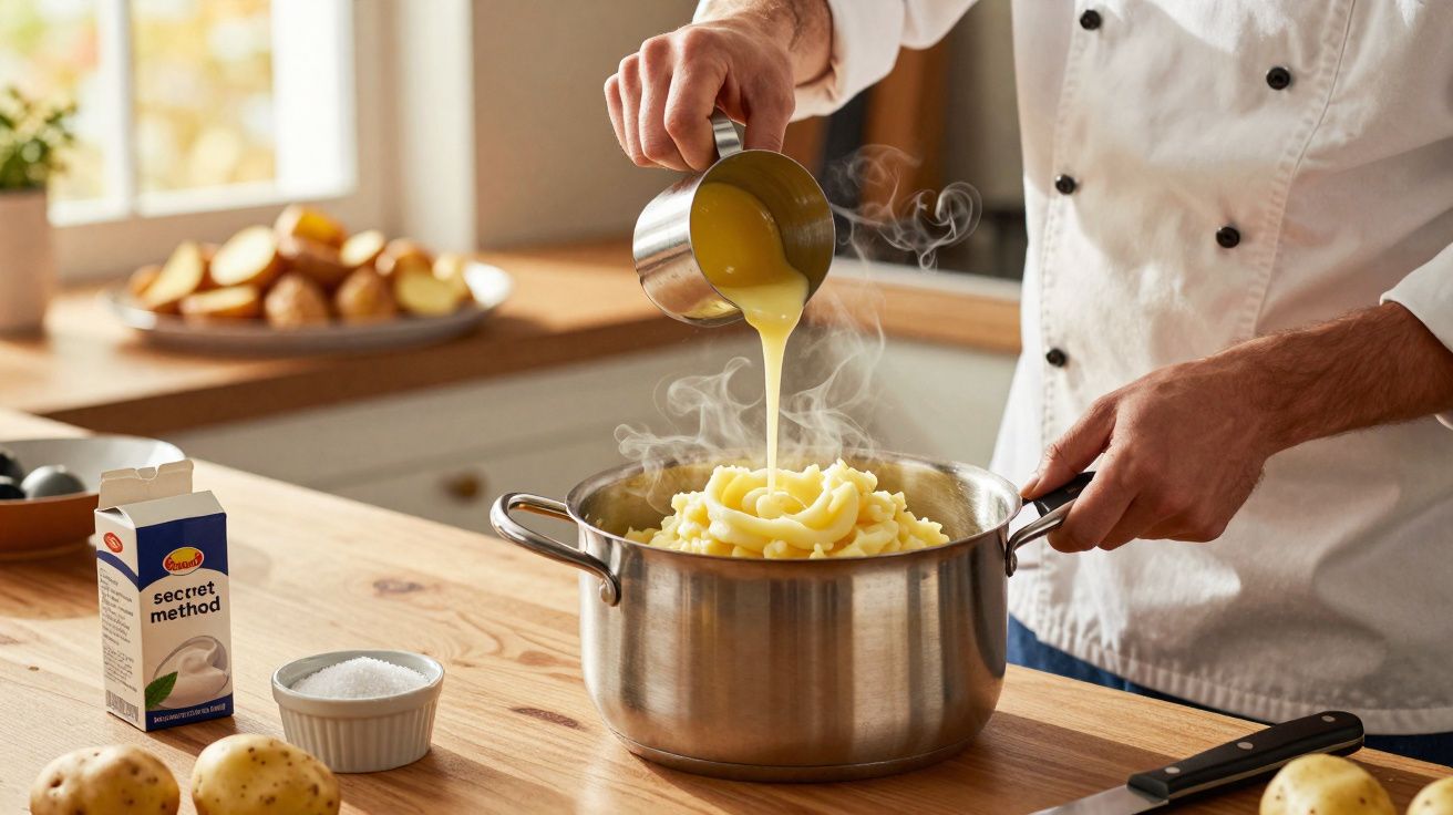 Chef despejando molho em purê de batatas fumegante dentro de panela em cozinha iluminada.