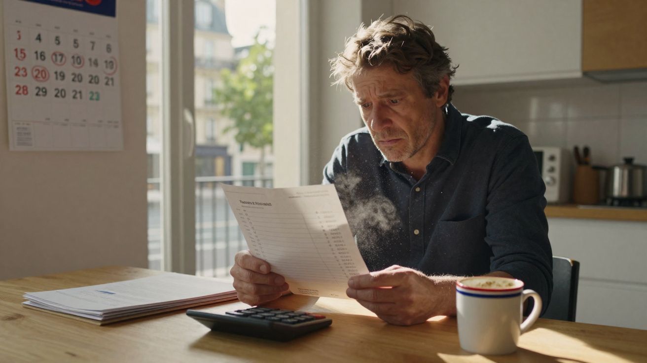 Homem preocupado analisa contas sentado à mesa com calculadora e café fumegante em uma cozinha iluminada.