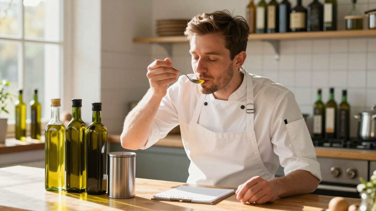Chef provando tempero com colher em cozinha iluminada, ao lado de garrafas de azeite e caderno aberto.