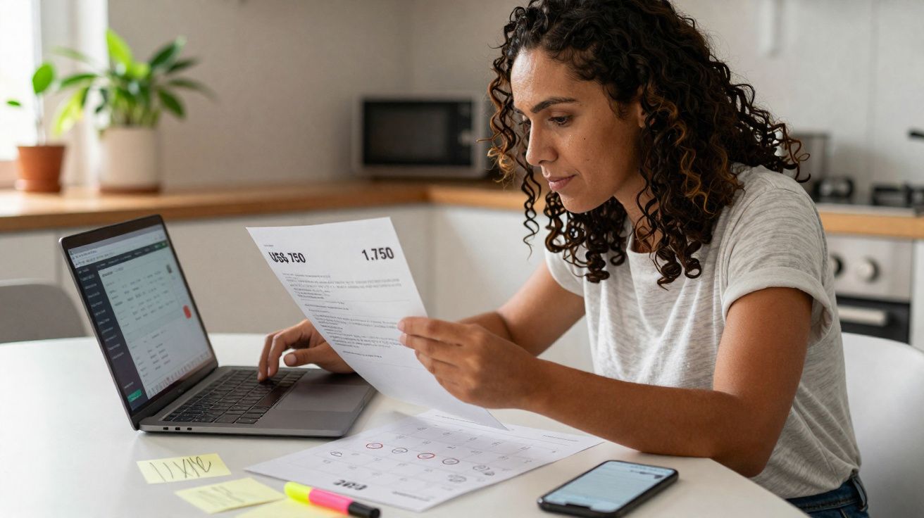 Mulher revisa documento e usa notebook em mesa com celular, canetas e papéis em ambiente doméstico.