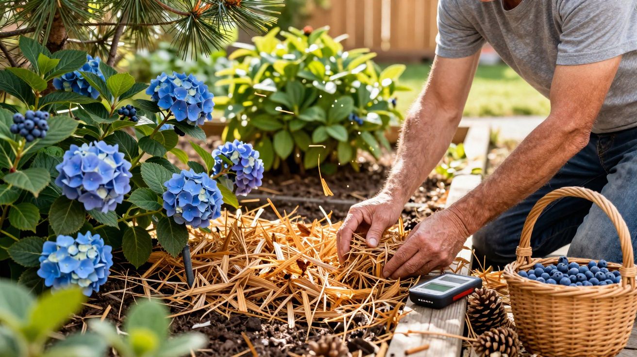 Pessoa cuidando do jardim, cobrindo o solo com palha ao lado de hortênsias azuis e uma cesta com mirtilos.
