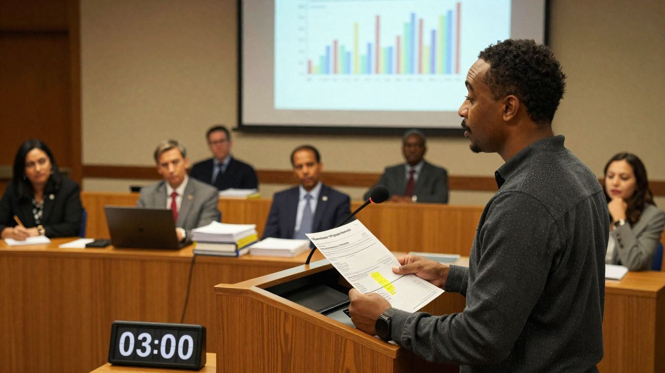 Homem apresenta documento em tribunal com júri atento e gráfico projetado ao fundo.