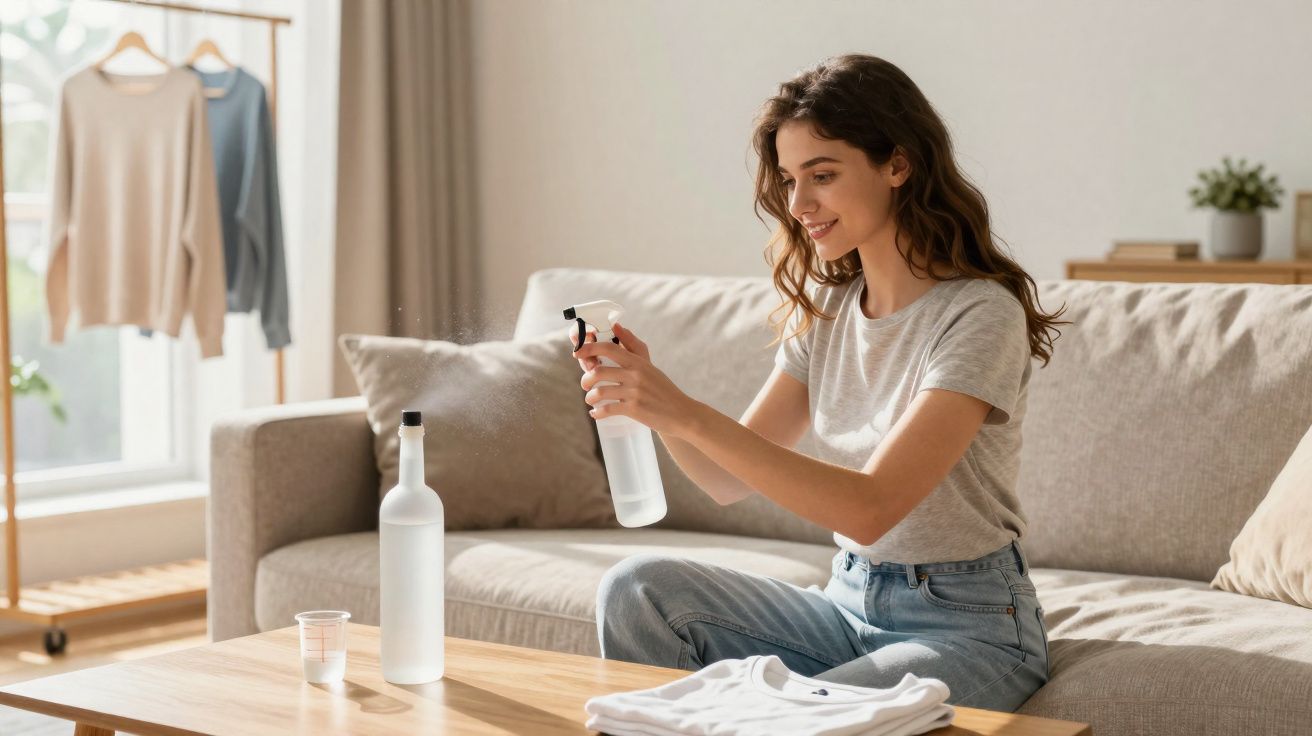 Mulher com camiseta cinza e jeans borrifando roupa branca sentada na sala.