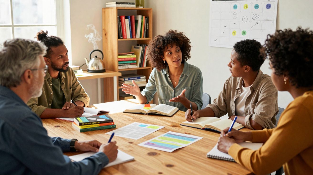 Grupo diverso de pessoas reunidas em mesa discutindo livros e anotações em ambiente de estudo.