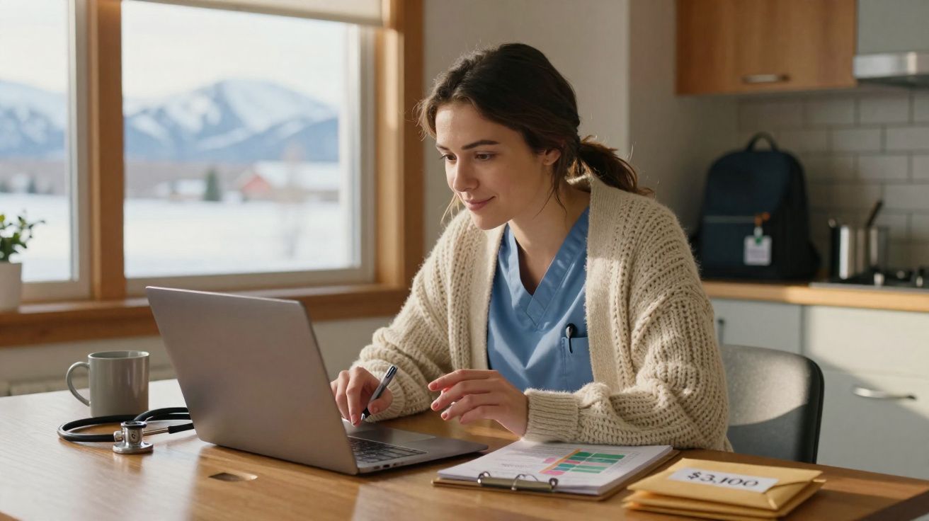 Pessoa com jaleco azul e suéter bege usando laptop em mesa com estetoscópio, caneca e documentos.