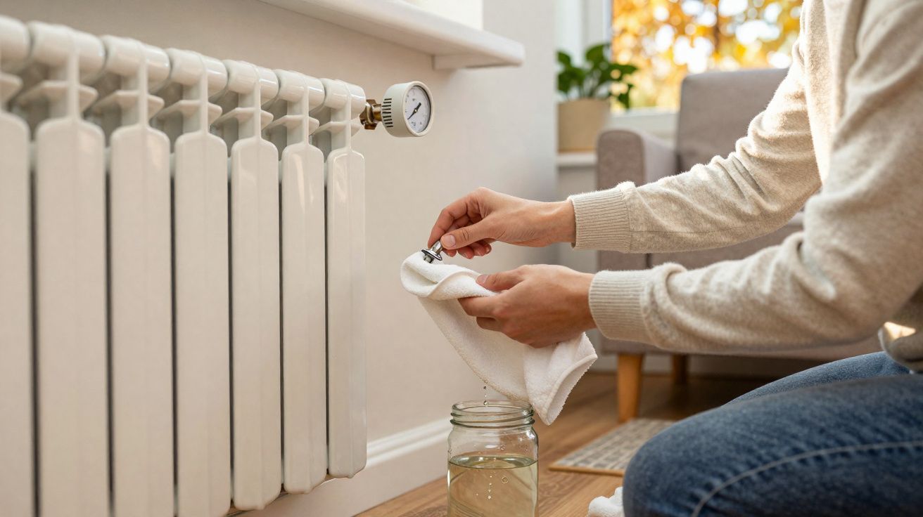 Pessoa coletando água gotejando de um radiador com um pano em jarra transparente no chão.
