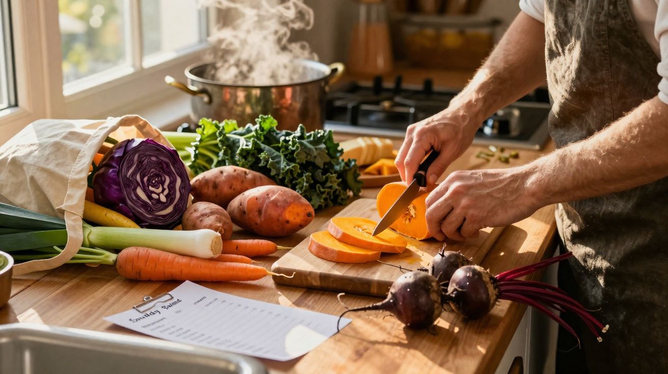 Pessoa cortando abóbora na tábua com vegetais frescos variados sobre bancada de cozinha iluminada.