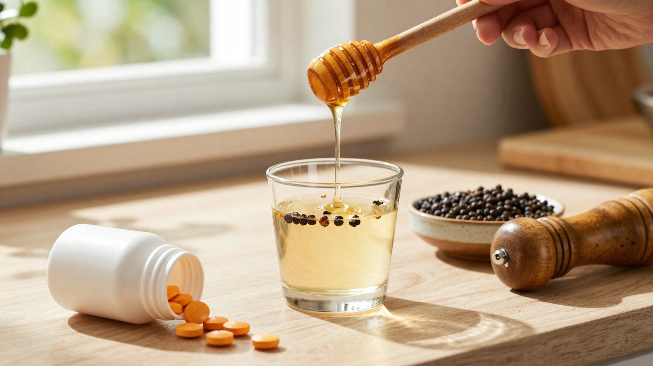 Mão despejando mel em copo com água e pimenta-do-reino, ao lado de comprimidos e moedor de pimenta.