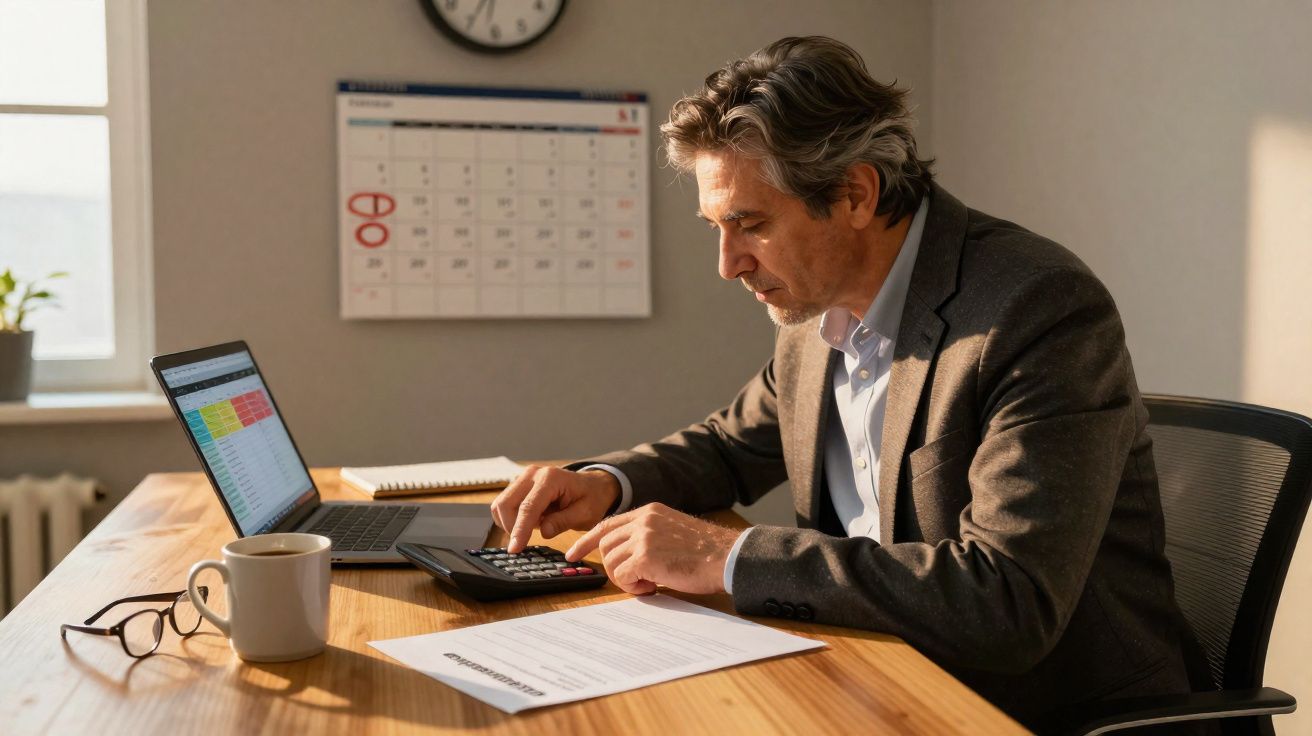 Homem em terno usando calculadora em mesa com laptop, documentos, óculos e café em escritório iluminado.