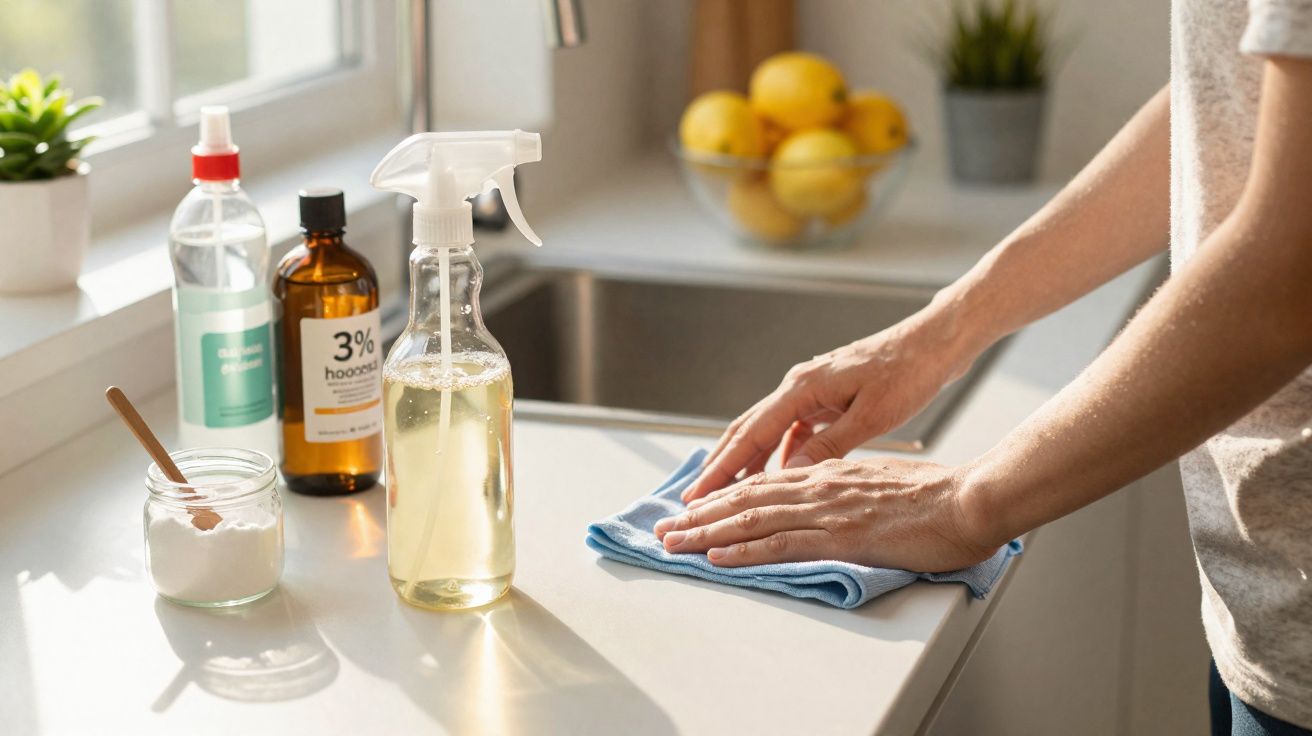 Pessoa limpando a pia da cozinha com pano azul e produtos de limpeza caseiros ao lado.