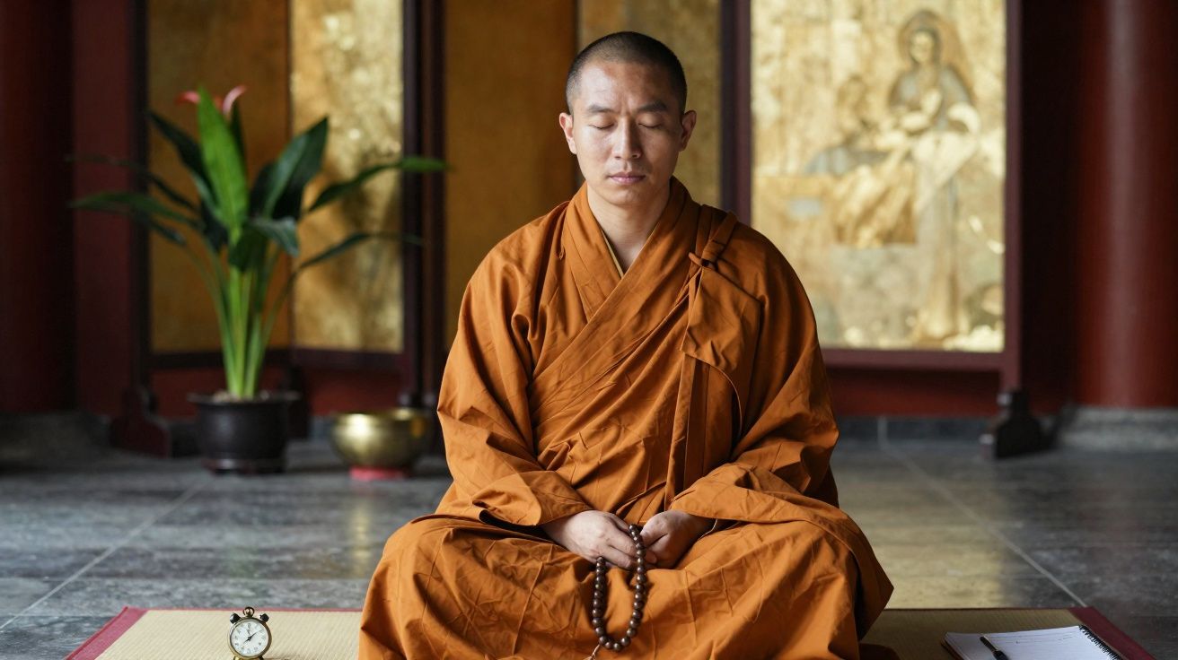 Monge budista meditando sentado no chão com roupa tradicional laranja e contas na mão em templo.