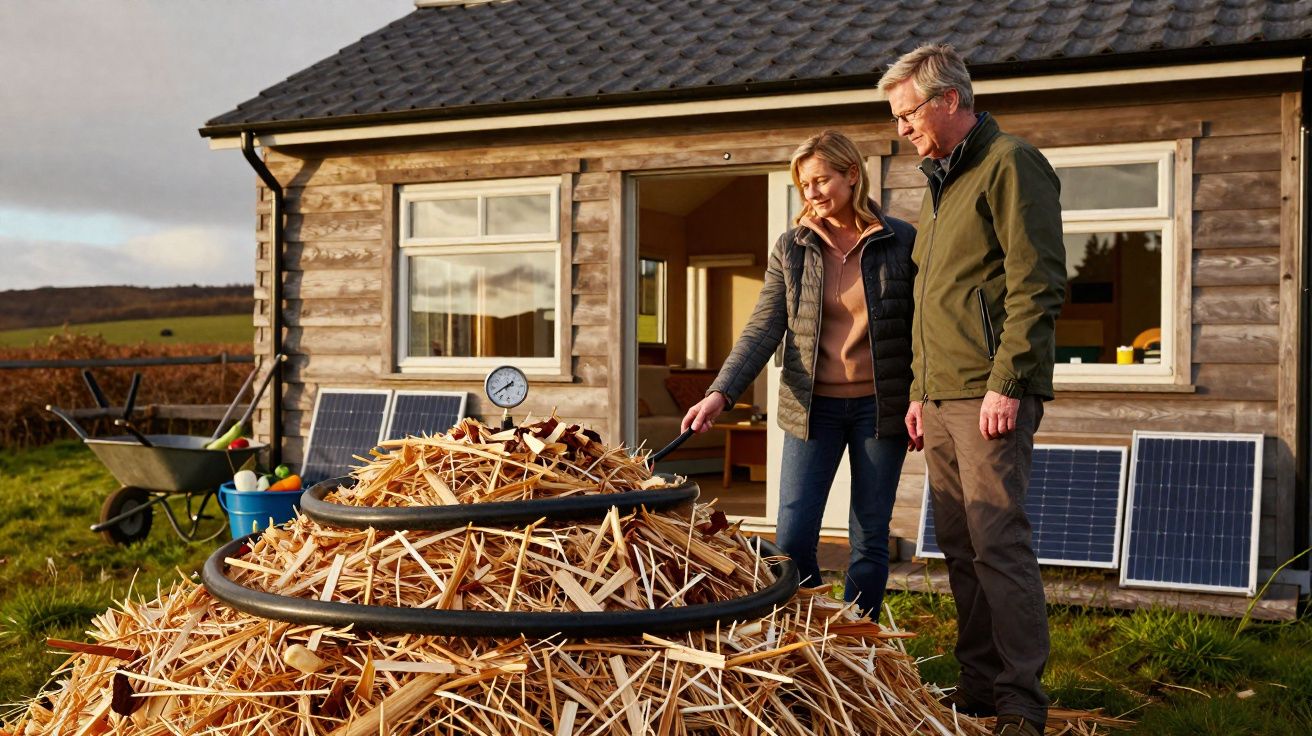 Casal observa montanha de madeira com tubos e medidor de pressão em frente a casa com painéis solares.
