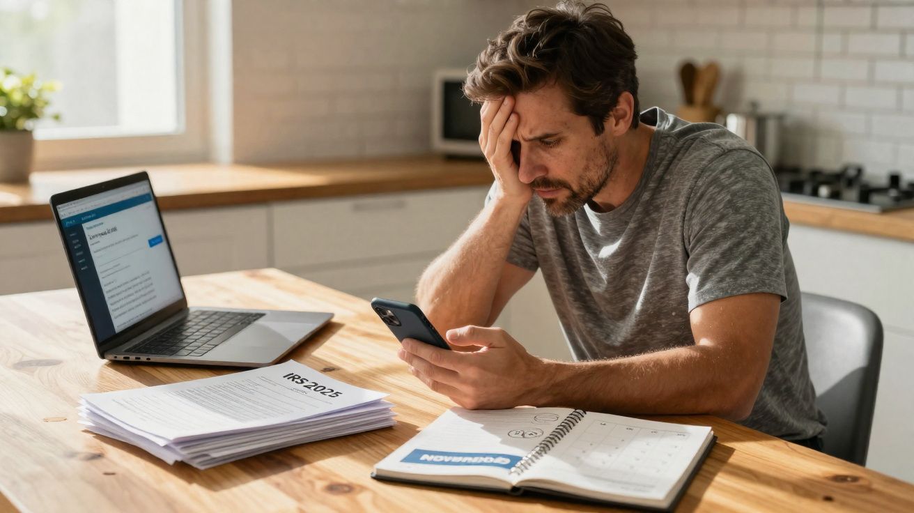 Homem preocupado usando celular sentado à mesa com laptop, documentos e agenda à sua frente.