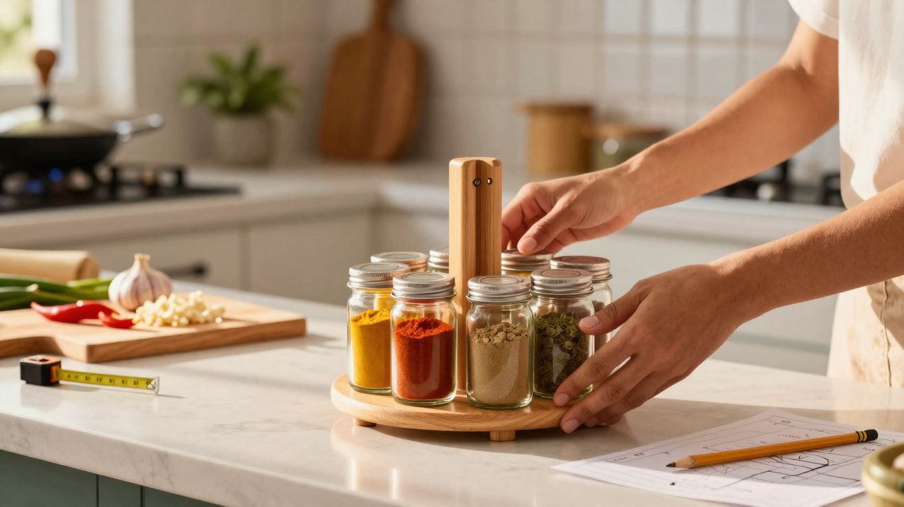 Pessoa organizando potes de temperos em suporte giratório de madeira na cozinha moderna.