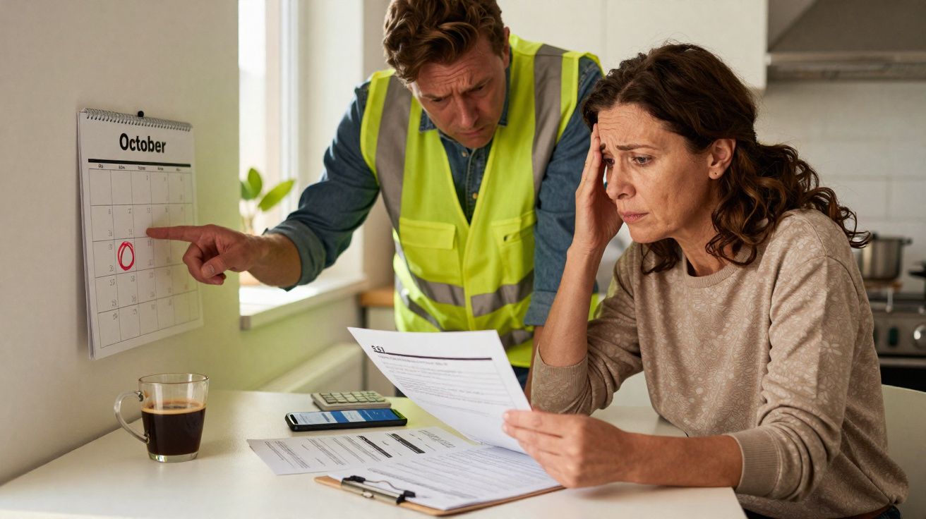 Casal preocupado analisa contas e calendário marcado com data próxima em cozinha iluminada.