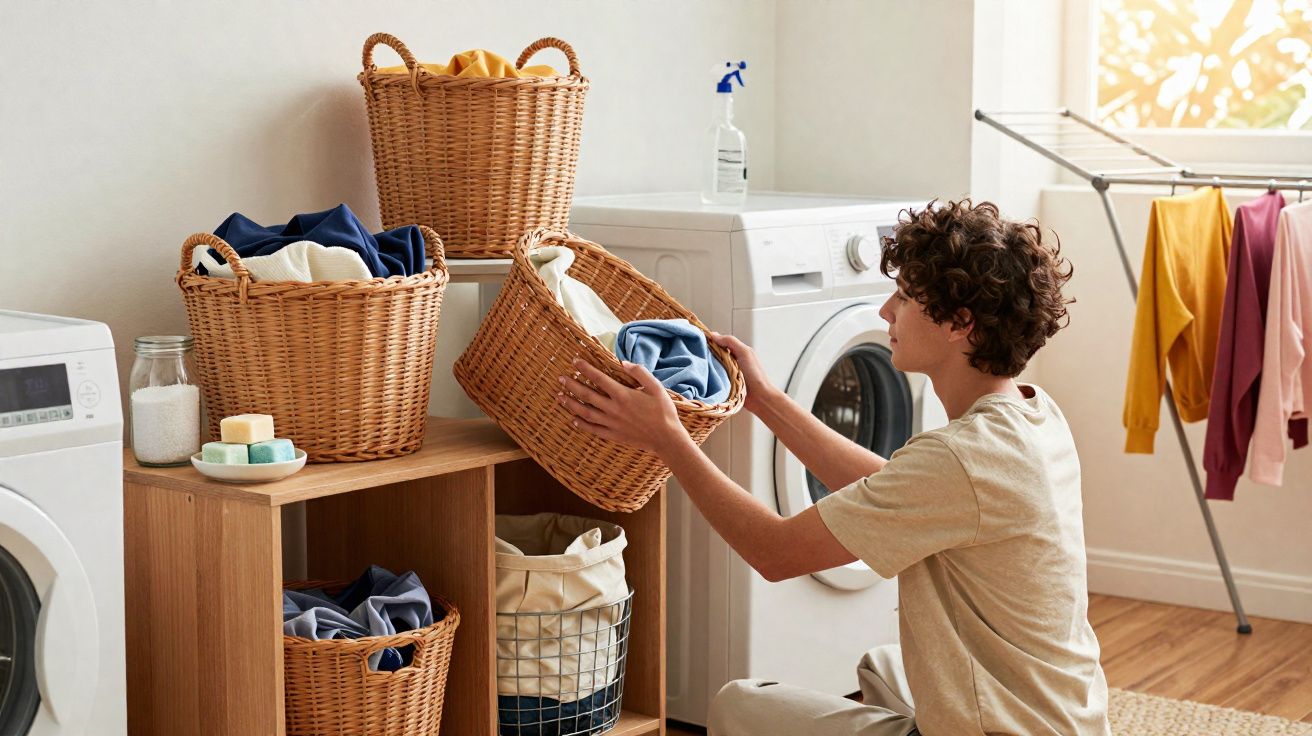 Pessoa organizando roupas em cestos em lavanderia com máquina de lavar, varal e produtos de limpeza ao fundo.