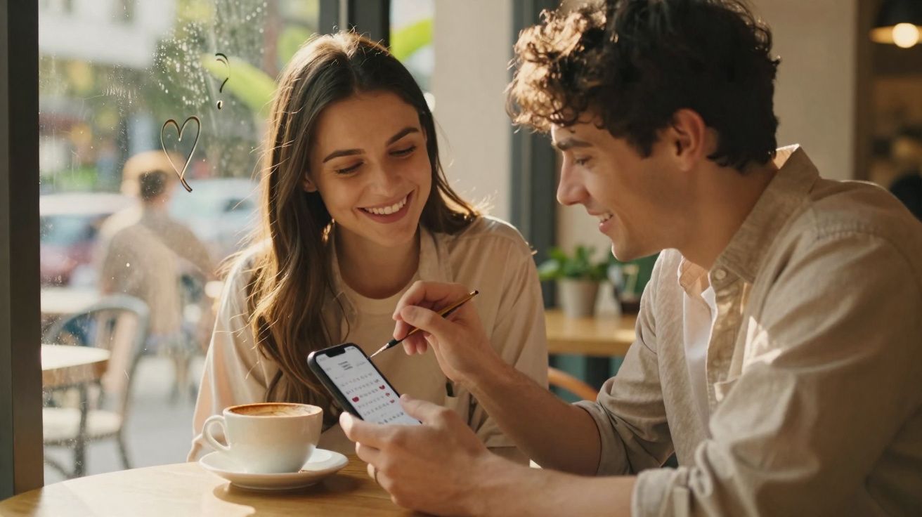 Casal jovem sorrindo e usando celular em cafeteria, com xícara de café sobre a mesa próxima à janela.