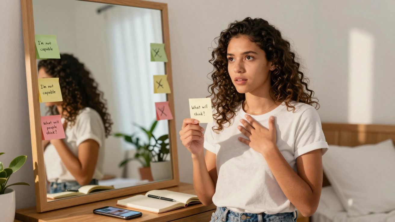 Mulher olhando para espelho com post-its sobre insegurança e autocrítica no quarto.