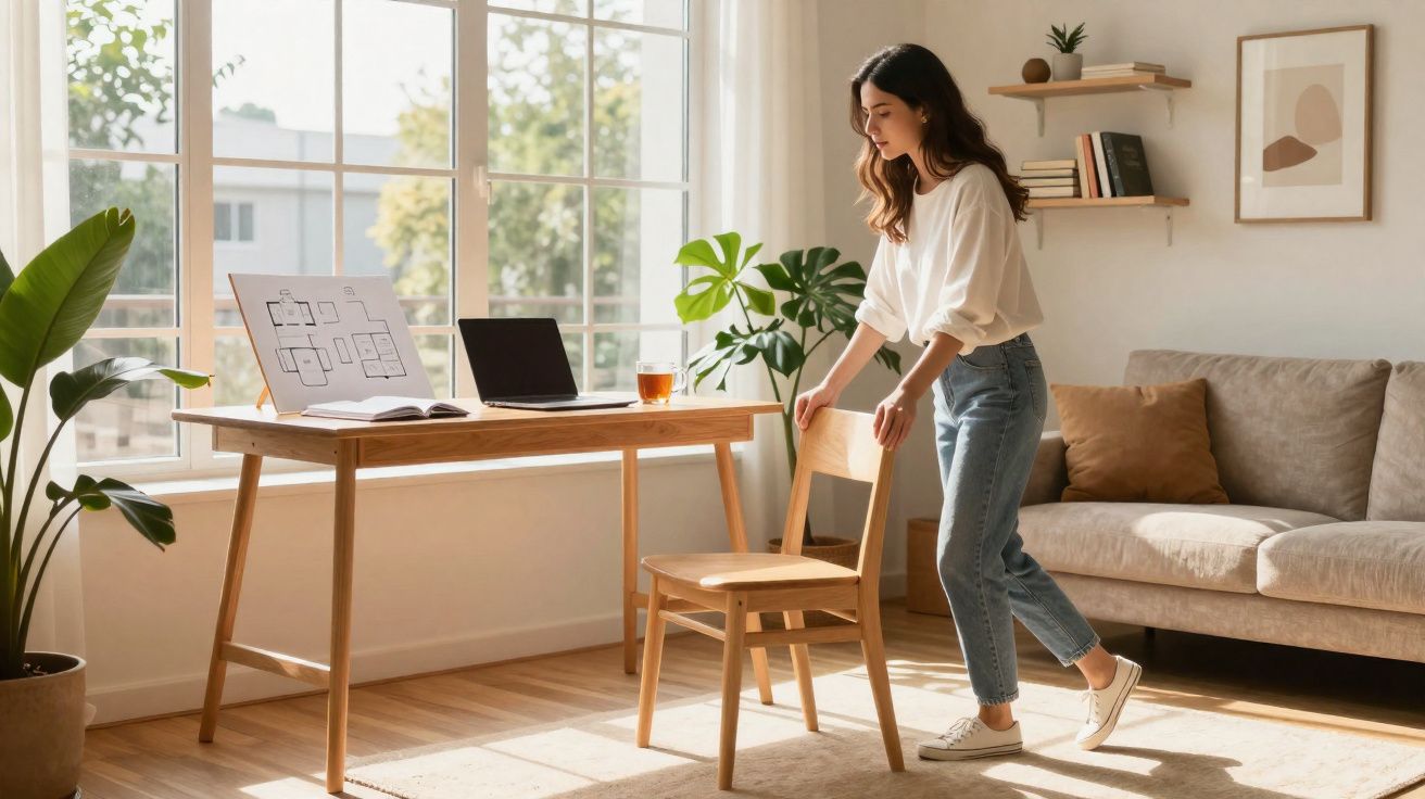 Mulher arrumando cadeira perto de mesa com laptop e planta em ambiente iluminado e aconchegante.
