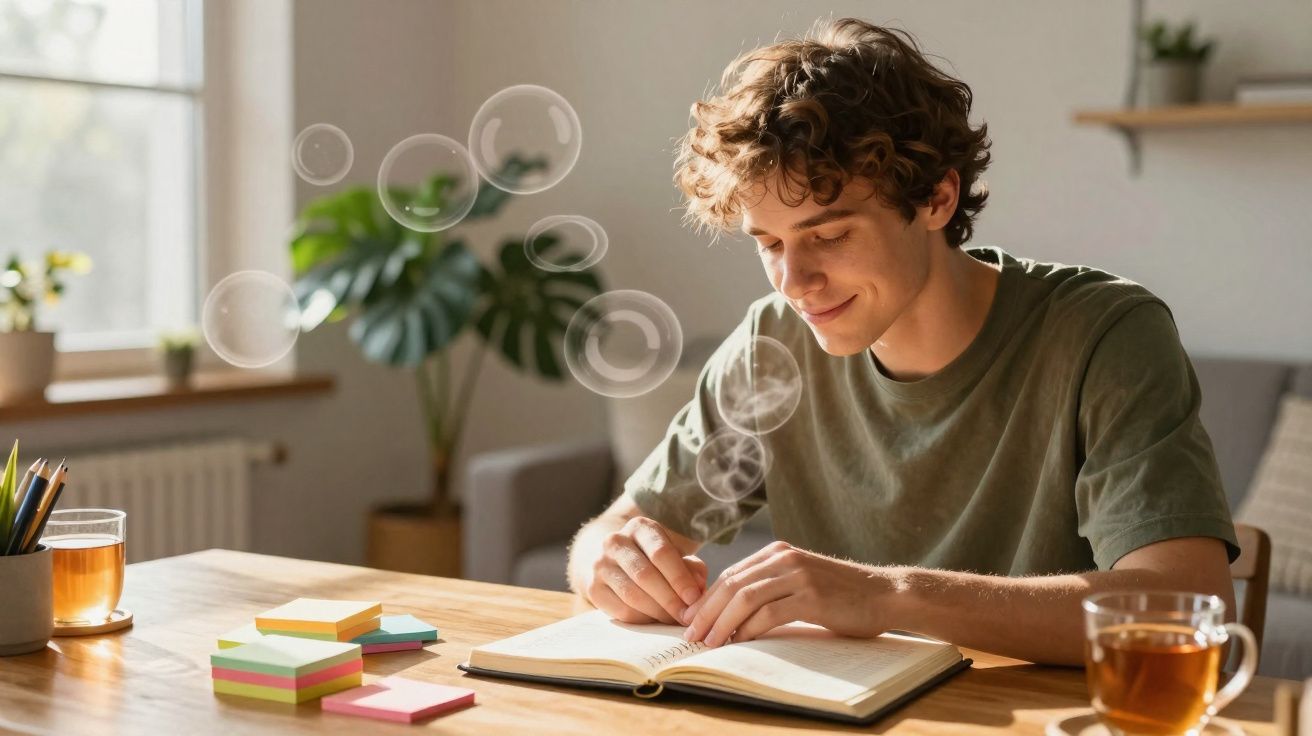Jovem sorrindo escrevendo em caderno, sentado à mesa com chá e blocos de anotações coloridos.