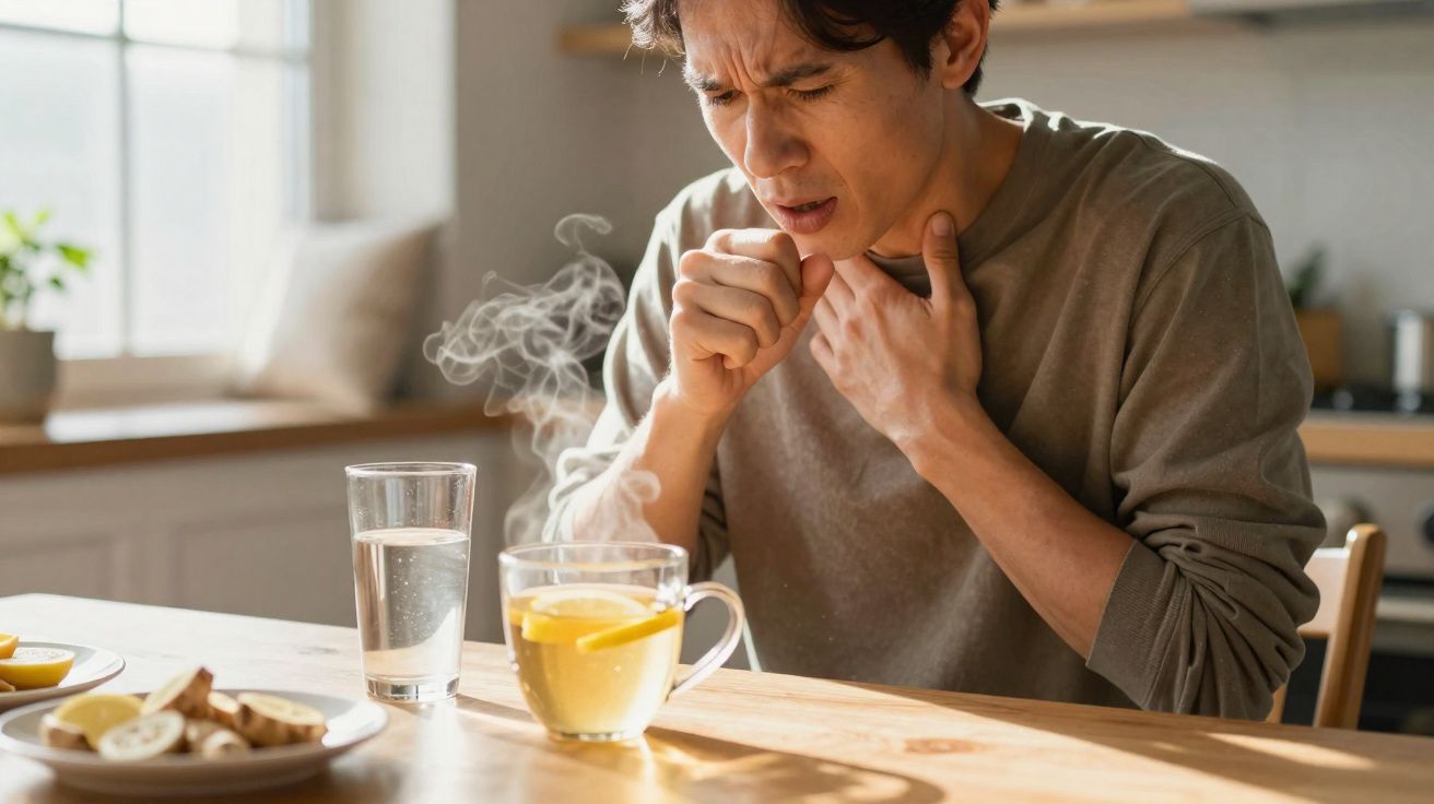 Homem tossindo e segurando a garganta sentado à mesa com chá de limão e água.