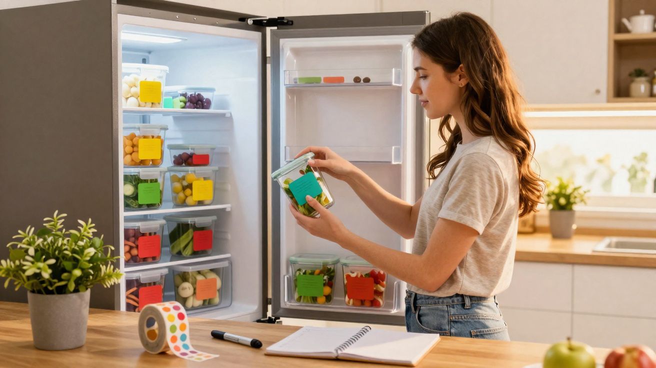 Mulher organizando potes de alimentos etiquetados dentro de uma geladeira na cozinha.