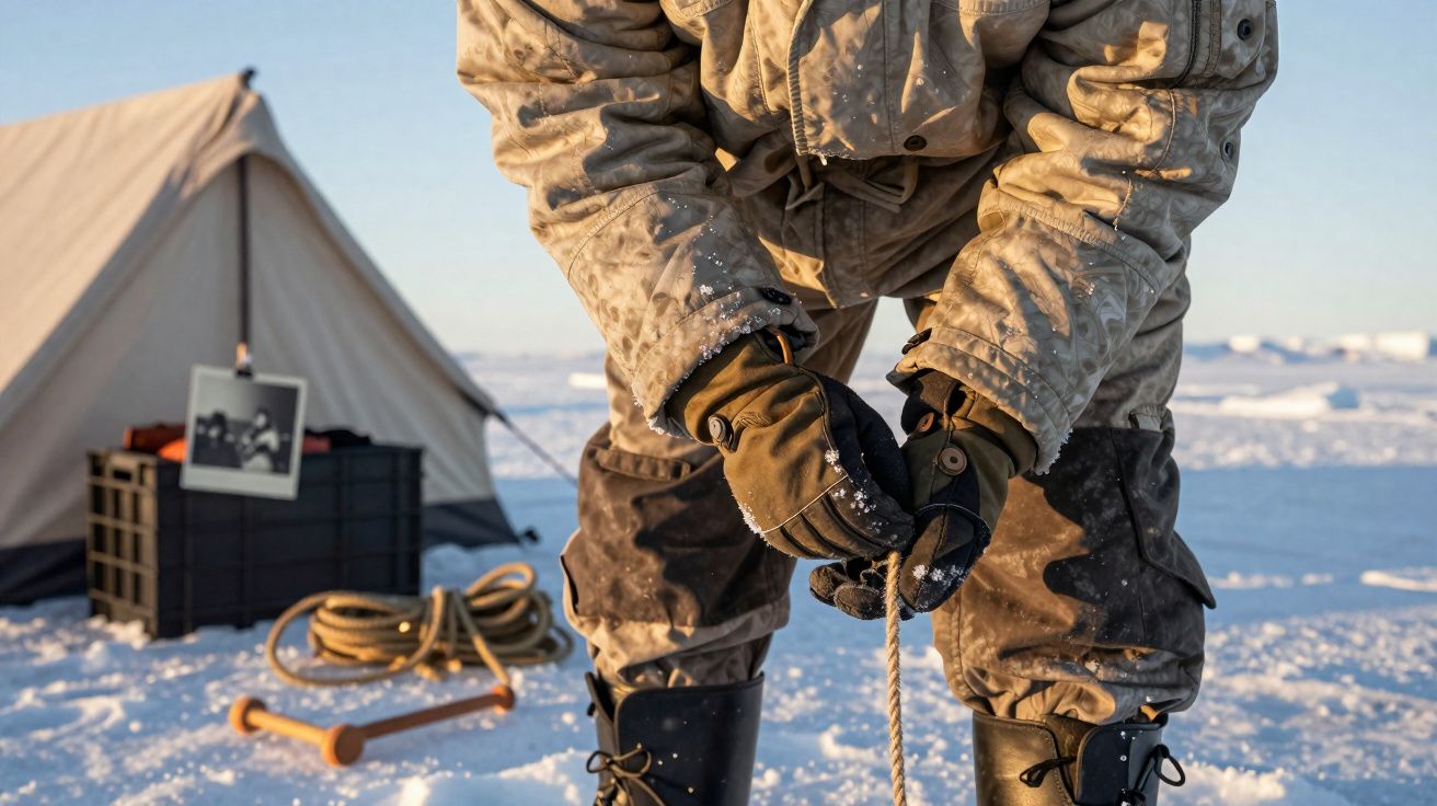 Pessoa com roupas de frio amarrando corda na neve próximo a barraca em acampamento congelado.