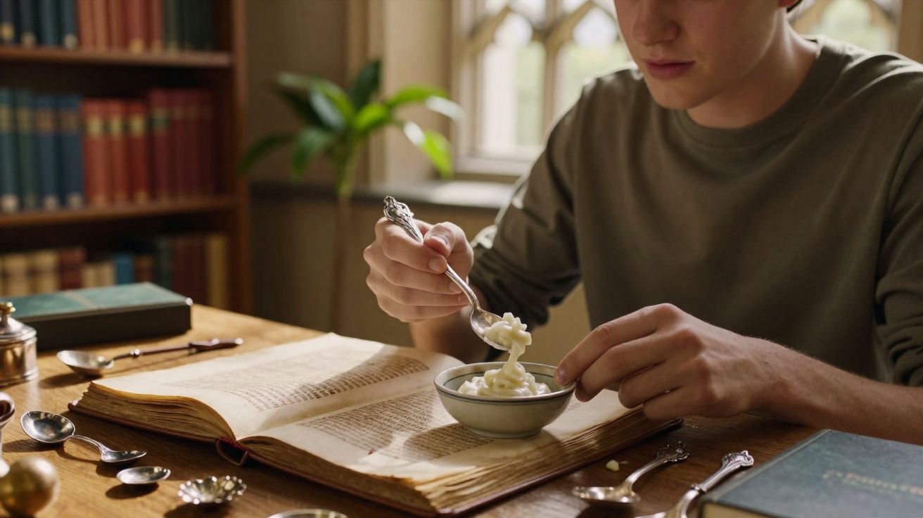 Pessoa com camiseta verde segura uma colher com creme sobre um livro aberto numa mesa de madeira.