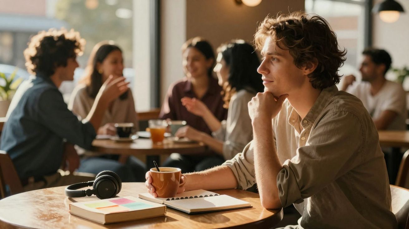 Jovem sentado sozinho em café, segurando xícara, com livros e fones sobre a mesa, e grupo conversando ao fundo.
